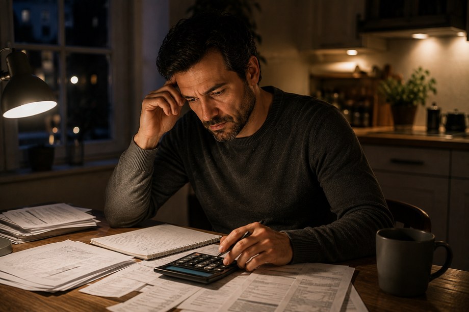 Personne assise à une table de cuisine le soir, des papiers et une calculatrice devant elle.
