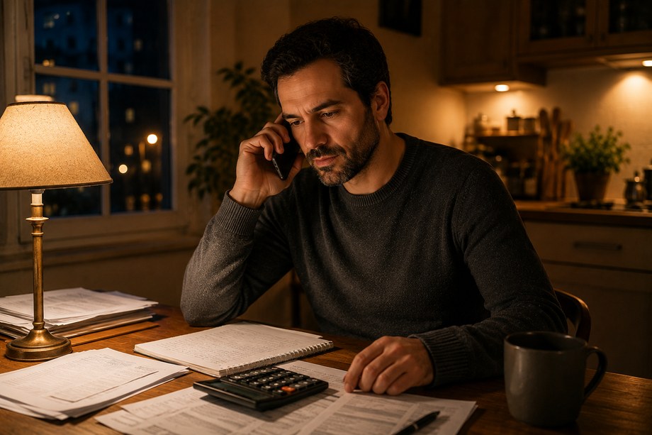 La même personne au téléphone, les papiers repoussés sur le côté.