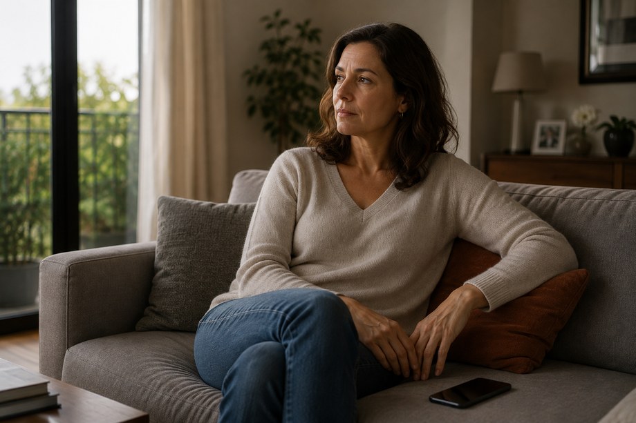 Personne assise sur un canapé, téléphone posé à côté d'elle, écran éteint, le regard ailleurs.