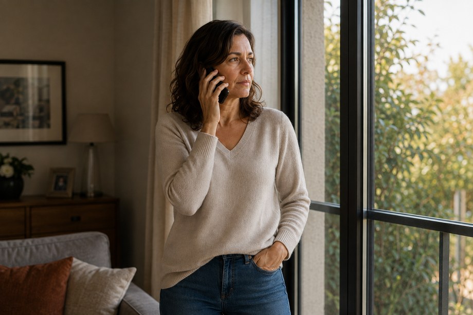 La même personne, plus tard, debout au téléphone près d'une fenêtre.