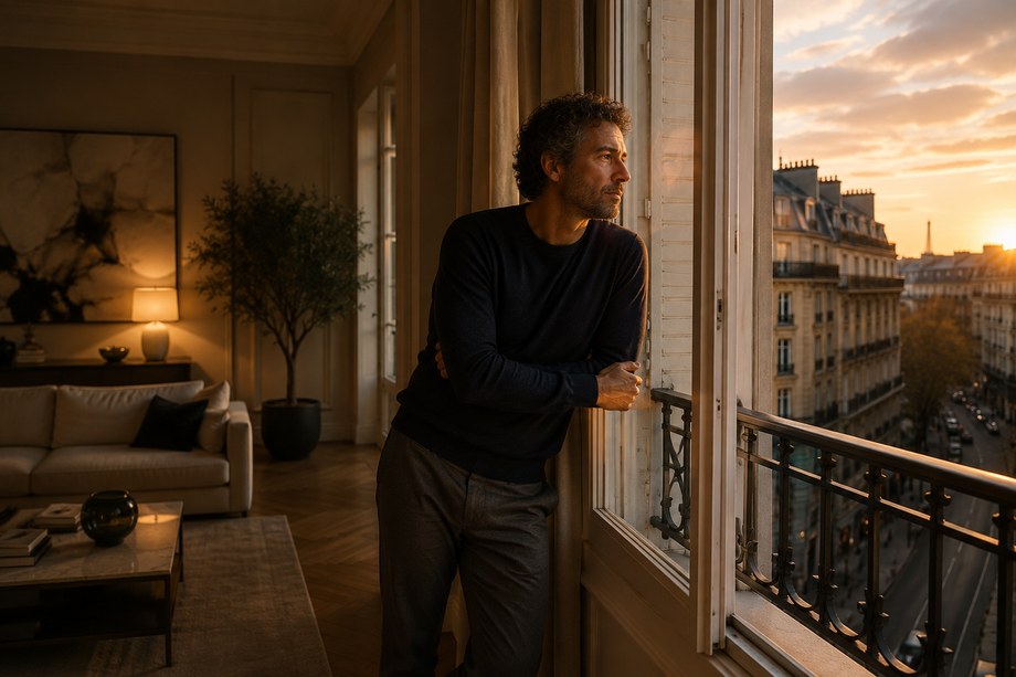 Personne accoudée à une fenêtre en fin de journée, regardant la rue sans rien fixer.