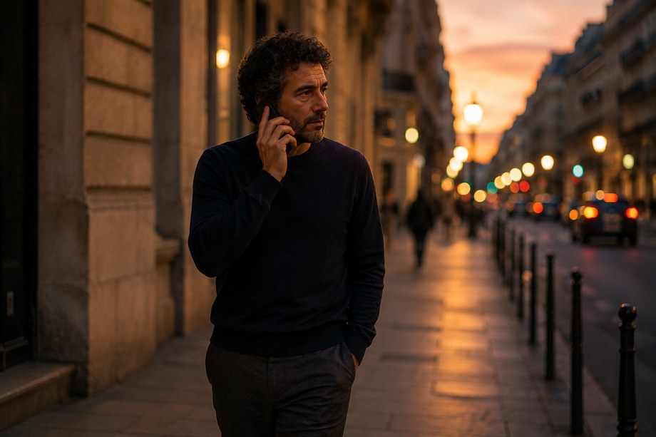 La même personne au téléphone, marchant dehors, à la tombée du jour.