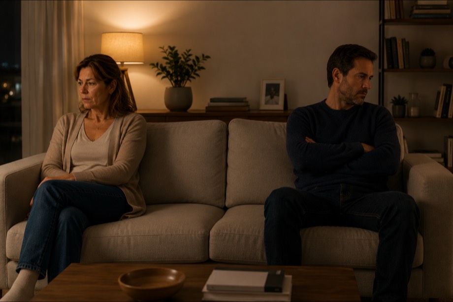 Couple assis à chaque extrémité d'un canapé le soir, une lampe allumée, aucun contact.