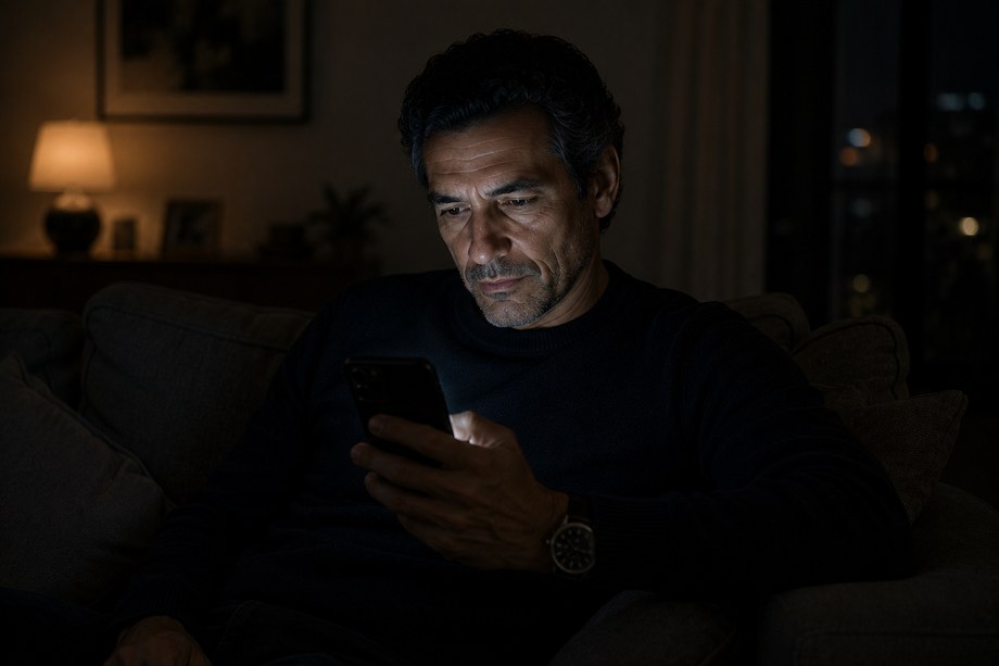 Personne assise dans la pénombre d'un salon, un téléphone éclairant son visage.