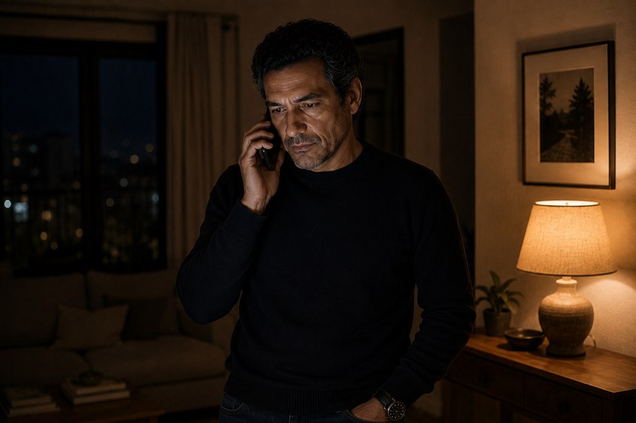 La même personne, plus tard, au téléphone, une lampe allumée.