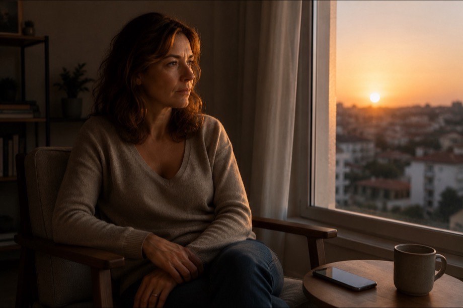 Femme d'une quarantaine d'années assise dans un fauteuil près d'une fenêtre au coucher du soleil, le regard tourné vers l'extérieur, son téléphone posé écran contre la table basse.