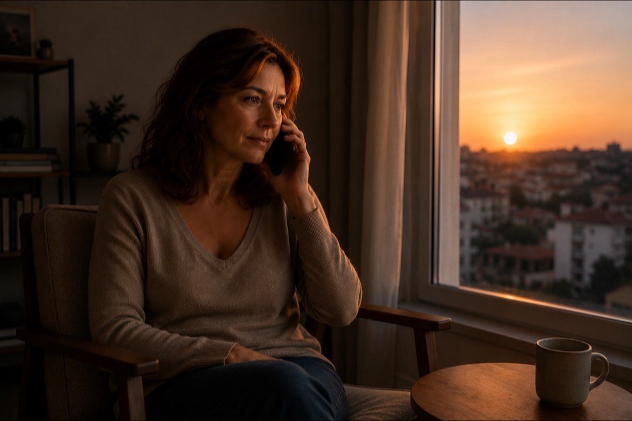 La même femme, un peu plus tard, le téléphone à l'oreille, l'autre main posée sur ses genoux.