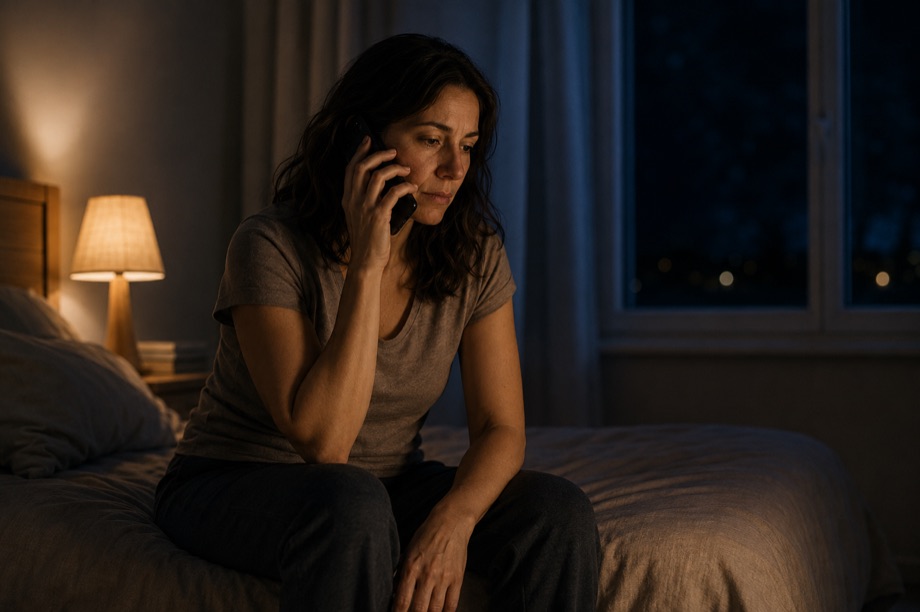 Femme assise sur son lit en pleine nuit, le téléphone à l'oreille, éclairée par une lampe de chevet.
