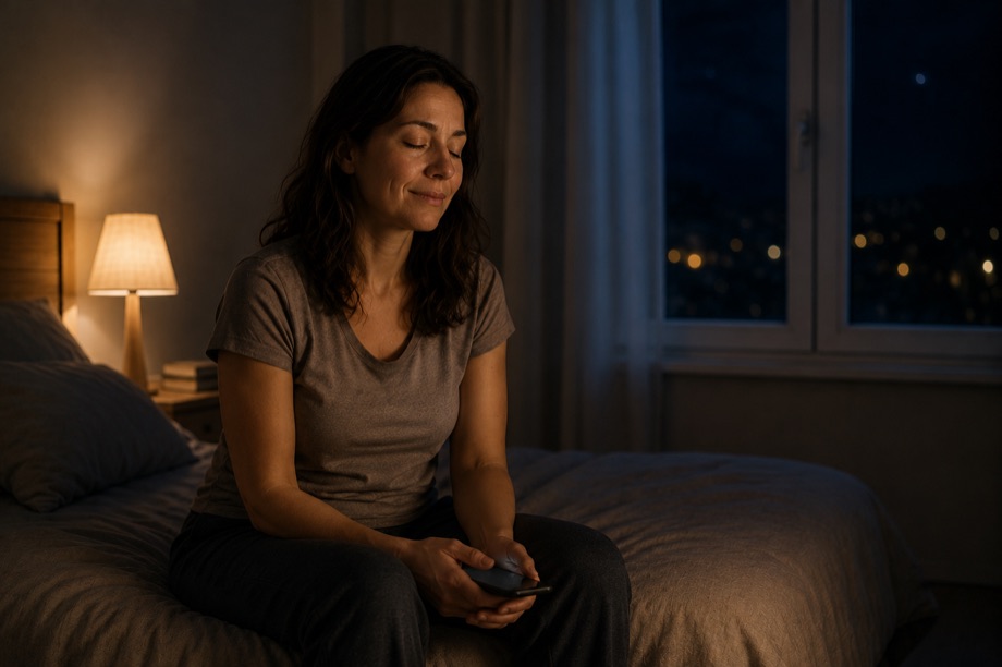 La même femme, le téléphone posé, les épaules relâchées après avoir parlé.