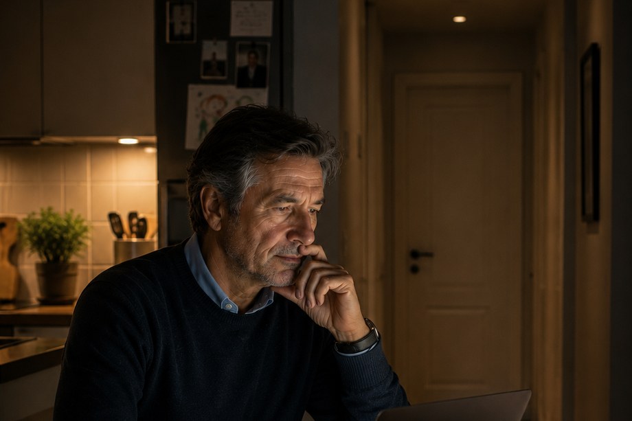 Parent seul dans une cuisine le soir, un ordinateur portable ouvert sur la table, une porte fermée au fond du couloir.