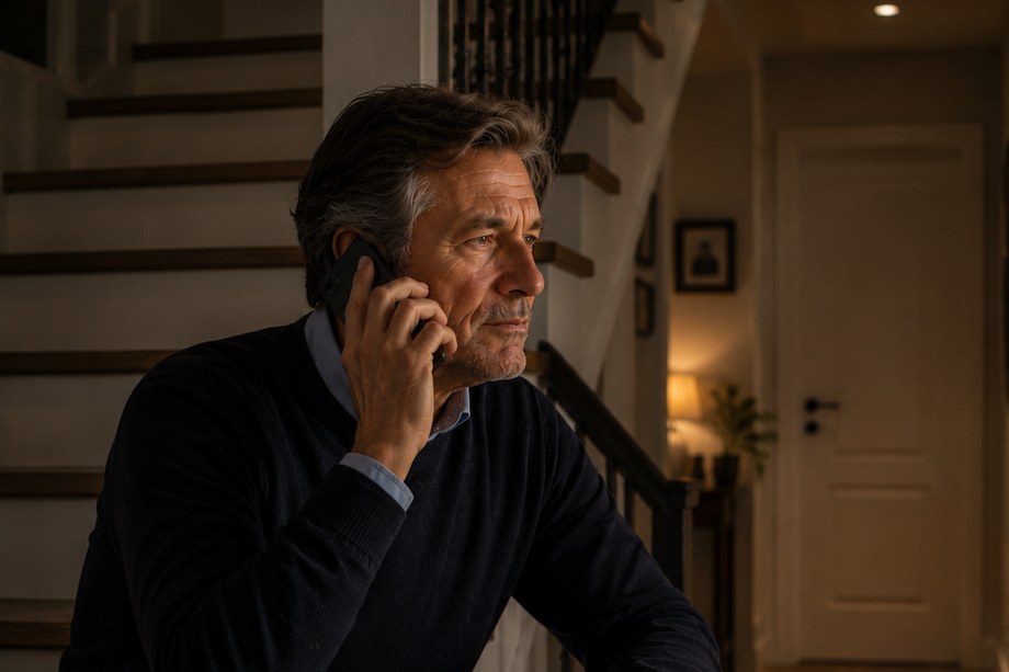 Le même parent, au téléphone, assis sur les marches d'un escalier.