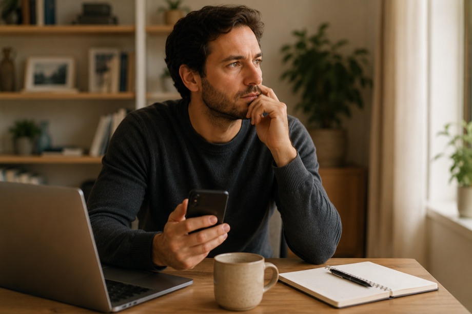 Homme à son bureau, le téléphone à la main, en train de peser une décision.