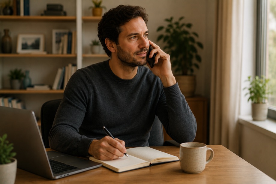 Le même homme au téléphone, prenant une note.
