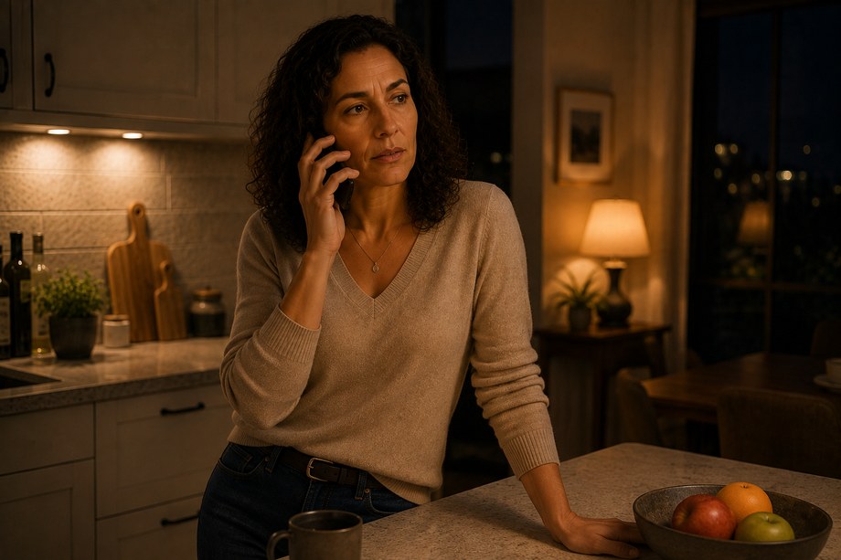 Une personne seule au téléphone, appuyée à un plan de travail.