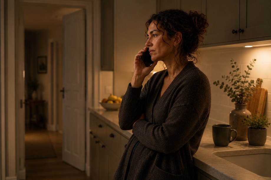 La même personne, plus tard, au téléphone dans une cuisine calme.
