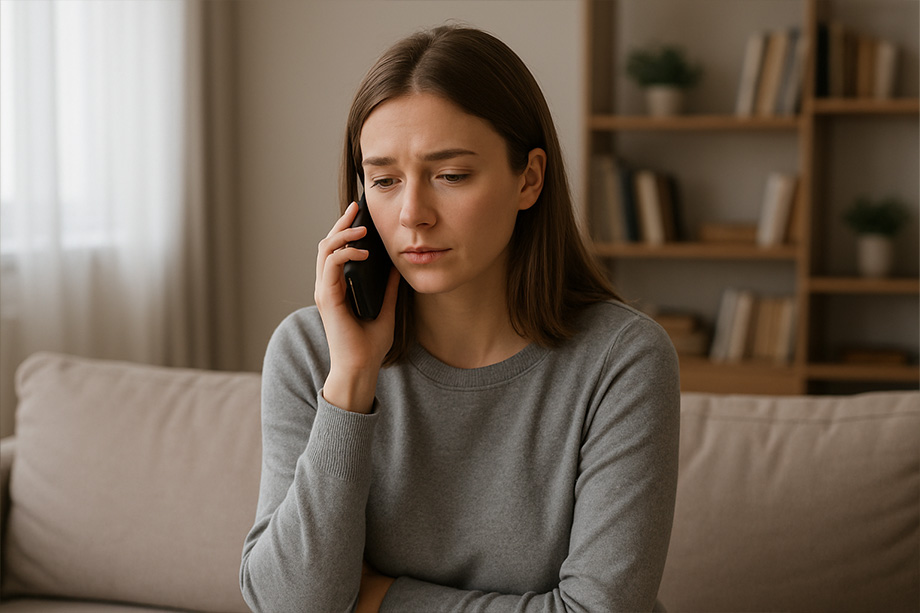 Personne assise chez elle, le téléphone à la main, avant d'appeler.
