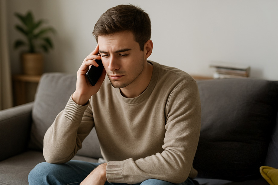 La même personne au téléphone, les épaules relâchées pendant la conversation.