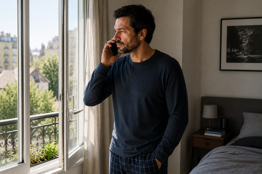 La même personne au téléphone, debout, près d'une fenêtre ouverte.