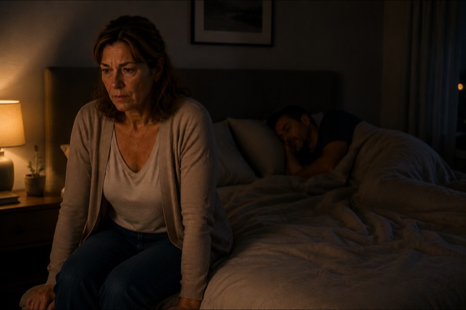 Personne assise au bord d'un lit dans la pénombre, son partenaire endormi de l'autre côté.