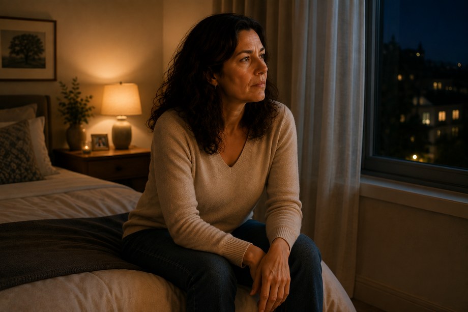 Personne assise au bord d'un lit le soir, une lampe allumée, le regard vers la fenêtre.