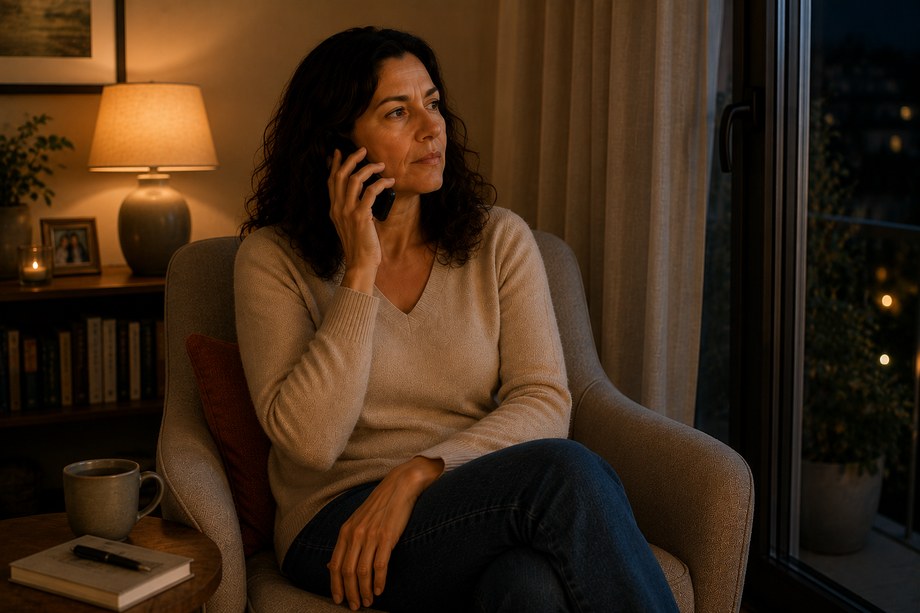 La même personne au téléphone, assise dans un fauteuil.