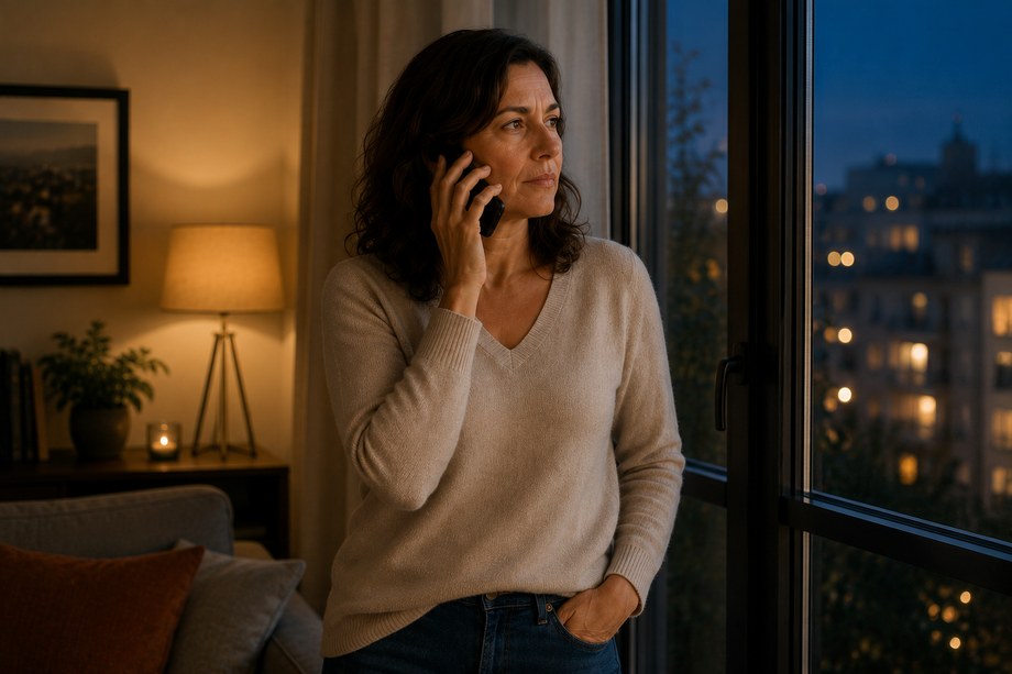 La même personne au téléphone, debout près d'une fenêtre.