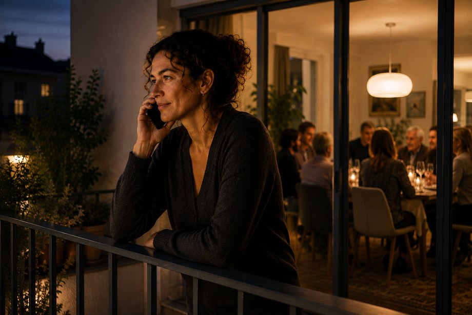 La même personne au téléphone, appuyée à la rambarde.