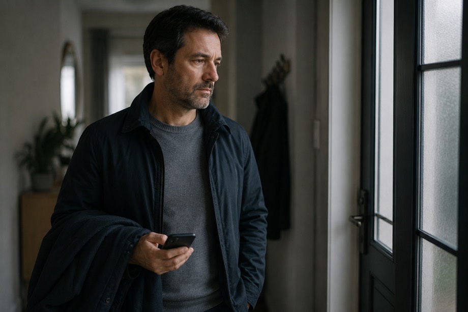Homme dans son entrée le matin, le manteau sur le bras, hésitant près de la porte avant de partir travailler.