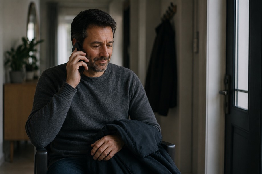 Le même homme rassis, le manteau encore à la main, le téléphone à l'oreille, soulagé un instant.