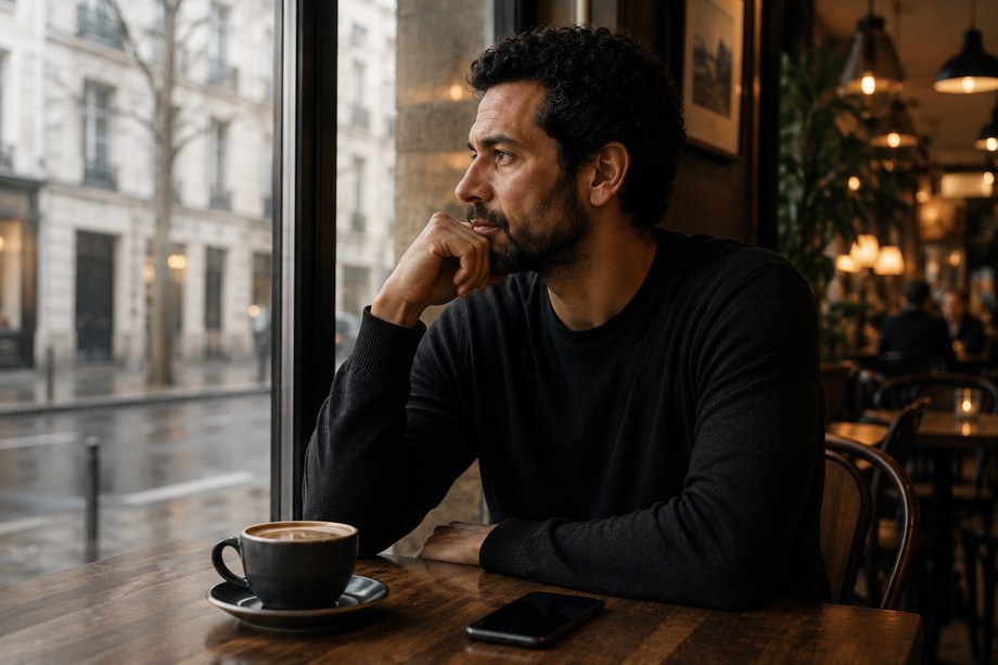 Personne assise dans un café près d'une vitre, le regard dans le vide, un téléphone posé.