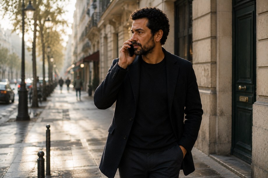 La même personne au téléphone, marchant dans une rue.