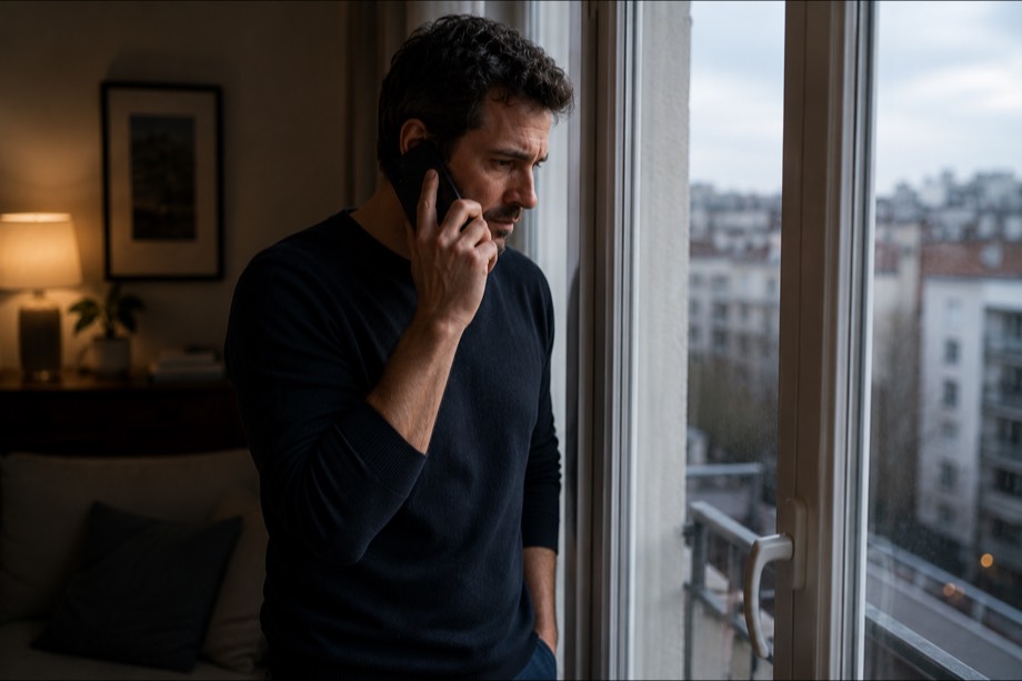 Le même homme au téléphone, debout près d'une fenêtre, le regard vers l'extérieur.