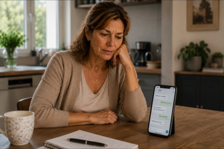 Personne assise à une table, téléphone posé devant elle, une conversation ouverte à l'écran.