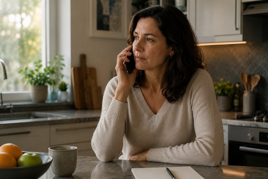 Une personne seule au téléphone dans une cuisine.