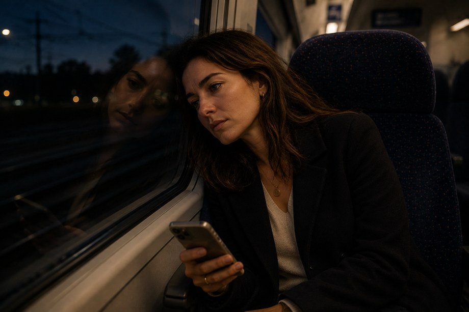 Personne assise dans un train le soir, le front contre la vitre, téléphone à la main.