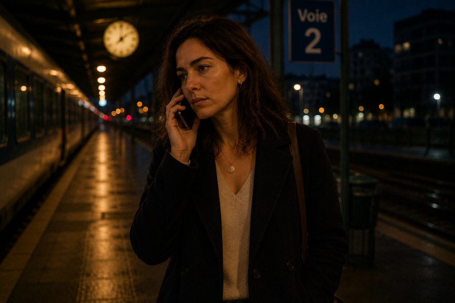 La même personne, sur un quai de gare, au téléphone.