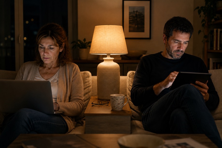 Couple assis sur le même canapé le soir, chacun devant son écran, une lampe allumée entre eux.
