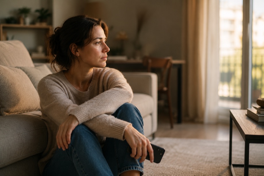 Femme assise au sol près d'un canapé, le téléphone à la main, le regard vers la fenêtre.