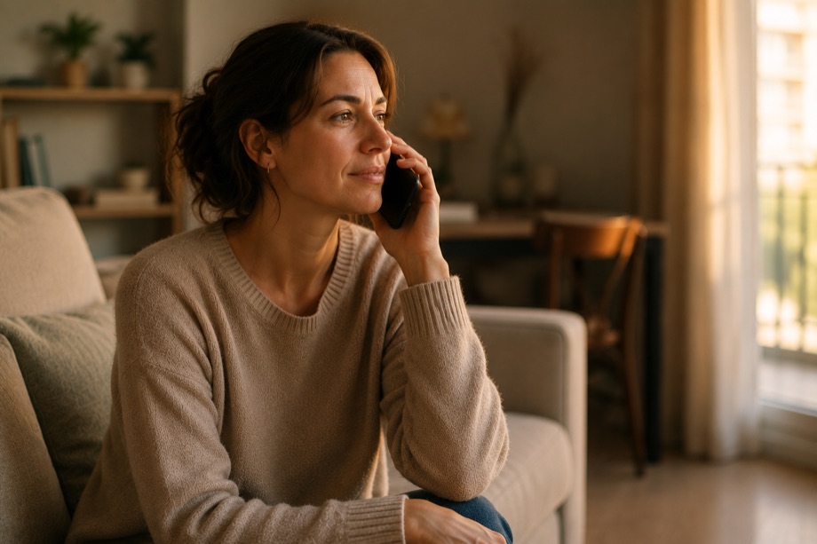 La même femme assise sur le canapé, au téléphone, le maintien plus assuré.