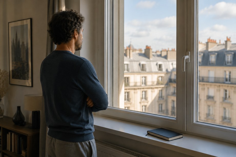 Personne debout devant une fenêtre en milieu d'après-midi, un carnet de démarches posé sur le rebord.