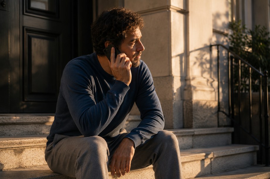 La même personne au téléphone, assise sur les marches d'un immeuble, en fin de journée.