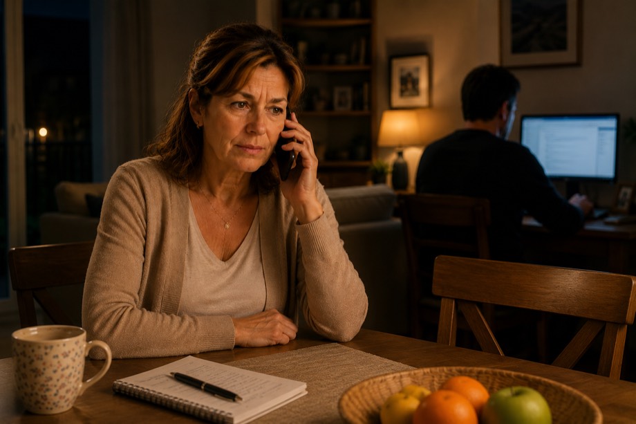 Femme au téléphone à une table de salle à manger le soir, son conjoint en arrière-plan devant l'écran d'un ordinateur, sans se retourner.