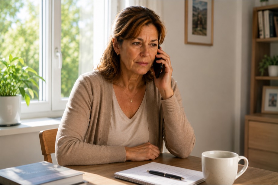 La même femme au téléphone à la même table, de jour, seule dans la pièce.
