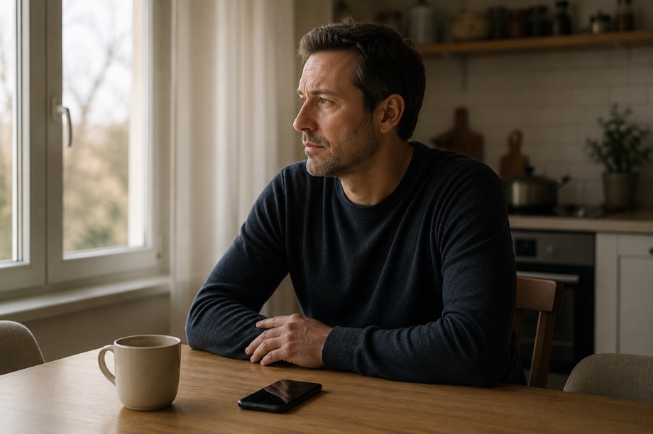 Homme seul à une table de cuisine, le téléphone posé devant lui, le regard vers la fenêtre.