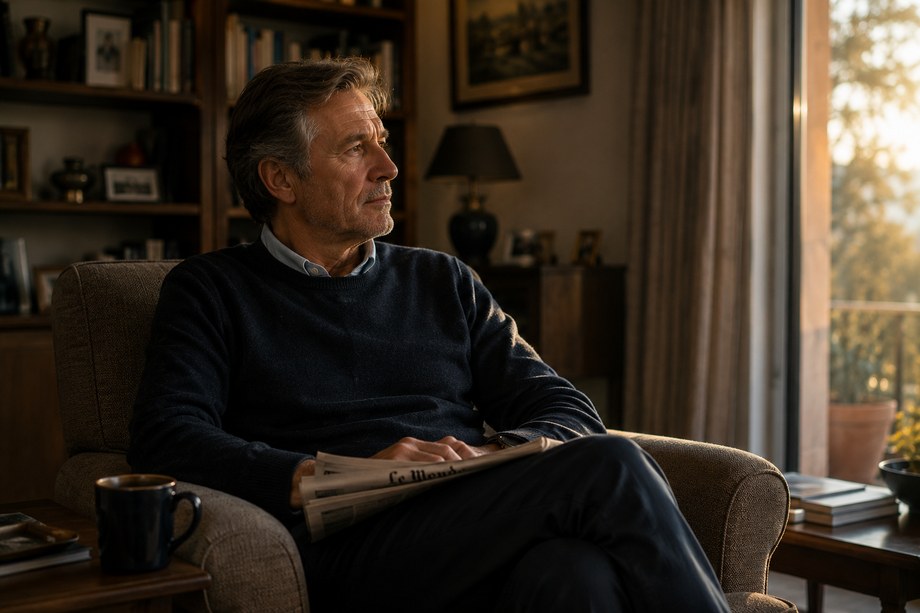 Personne d'une soixantaine d'années assise dans un salon en fin d'après-midi, un journal fermé sur les genoux.