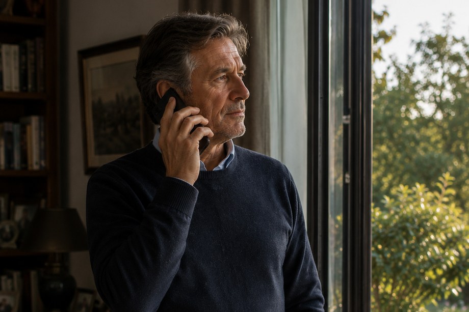 La même personne au téléphone, debout près d'une porte-fenêtre ouverte sur un jardin.