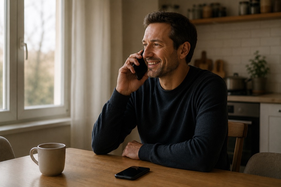 Le même homme au téléphone, le visage détendu pendant la conversation.