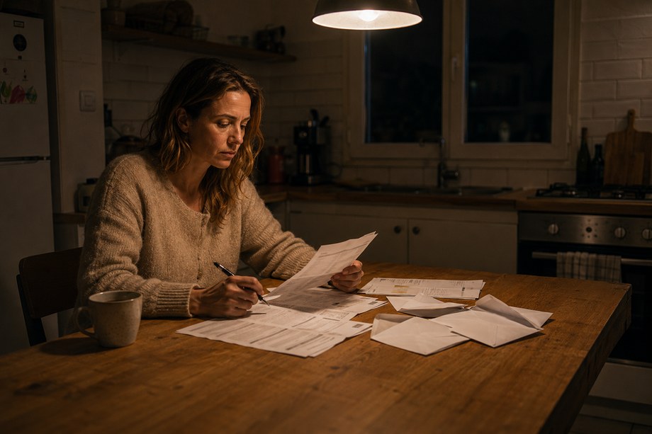 Une femme assise à sa table de cuisine en fin de soirée, des relevés bancaires et des enveloppes étalés devant elle, une tasse posée à côté.