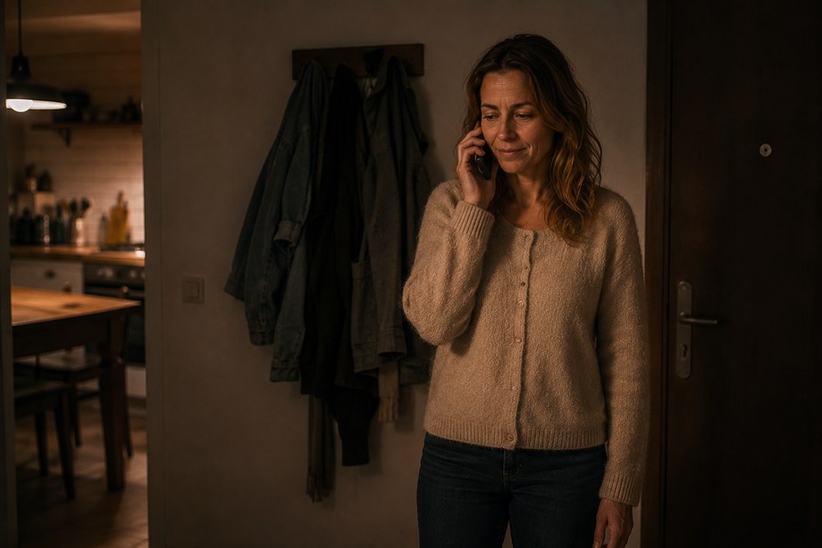 La même femme au téléphone, debout dans l'entrée de son logement, la cuisine allumée derrière elle, épaules relâchées.