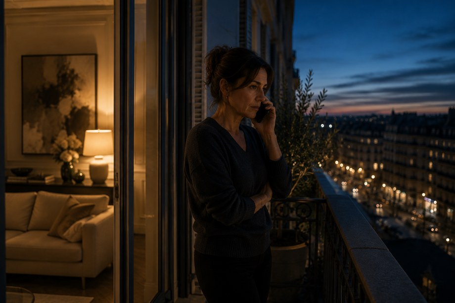 La même personne au téléphone, dehors sur un balcon, la nuit tombée.